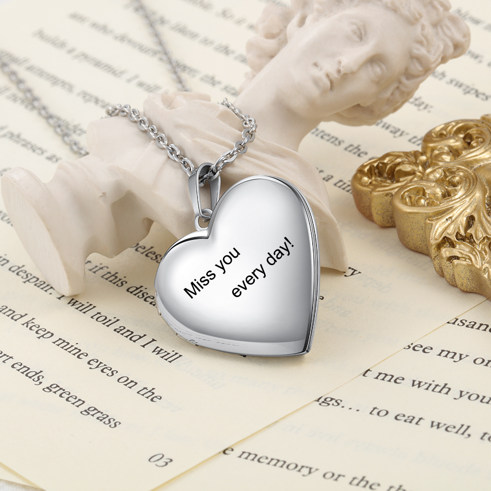 Heart Photo Locket Necklace with Engraving Heart Pendant Personalized Gift for Her