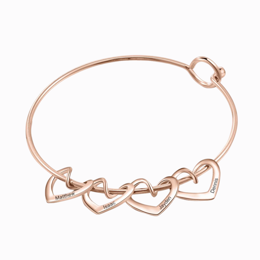 Love Bangle Bracelet with 4 Heart Shape Charms Engraved 4 Names Gift For Mom