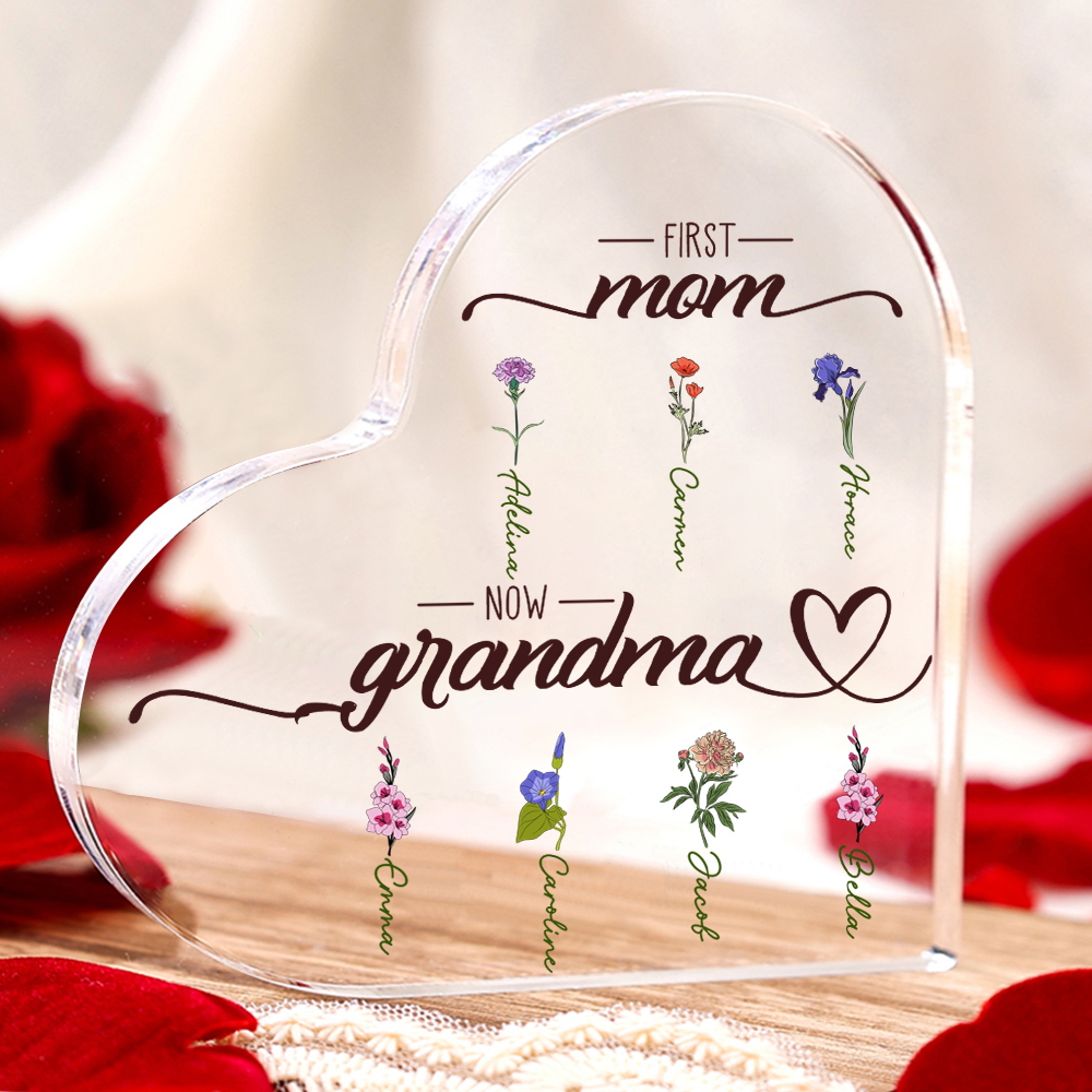 Personalized Acrylic Heart Keepsake Custom 2–10 Names & Birth Flowers Ornament Mother's Day Gift - First Mom, Now Grandma-Lorajewel