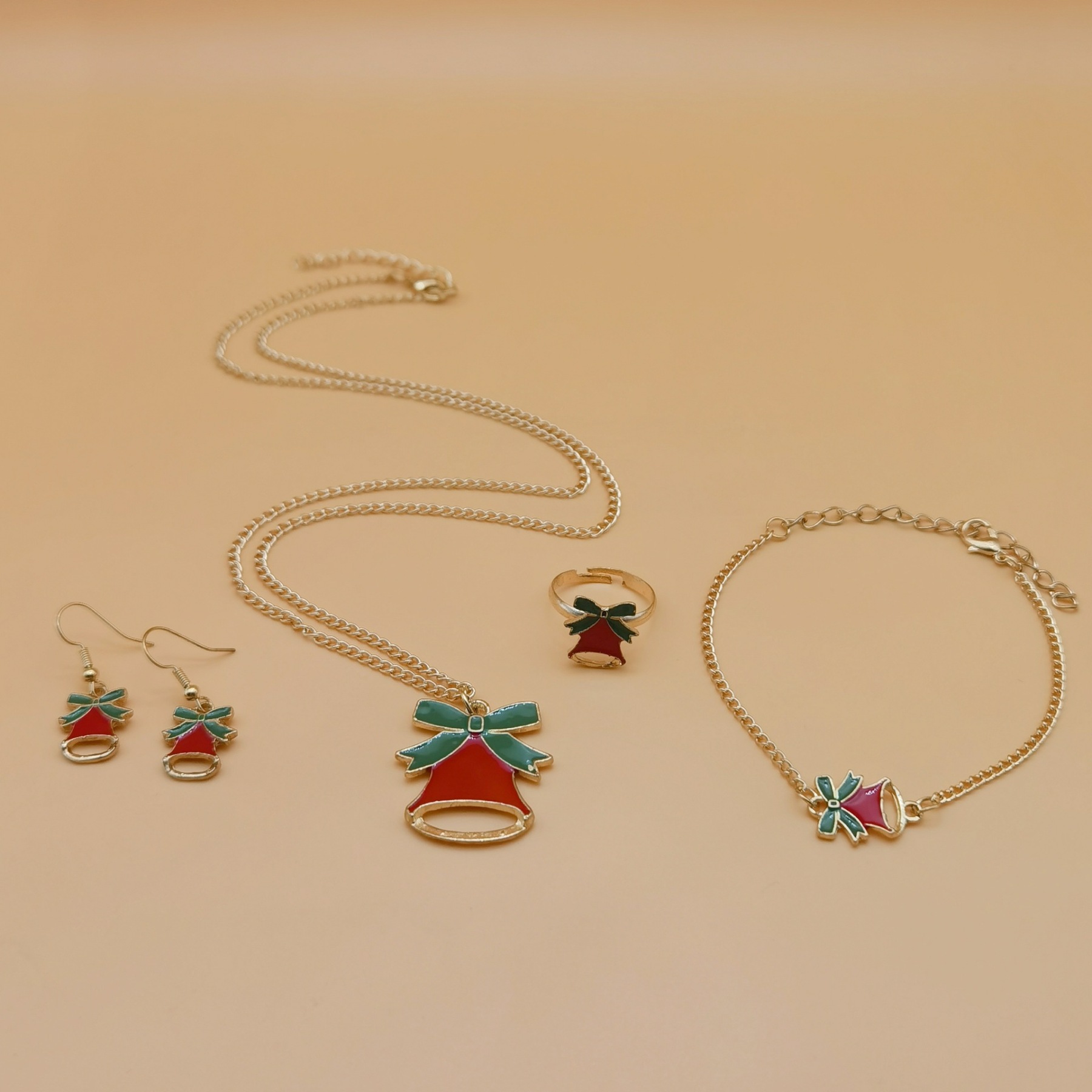 Christmas Bell Jewelry Set Necklace Bracelet Earrings and Ring