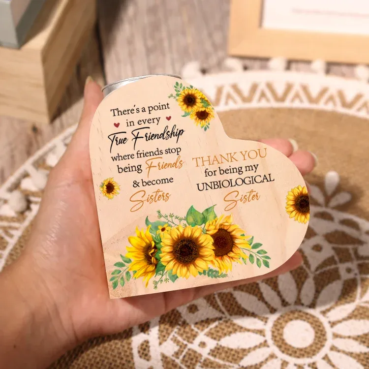 To My Bestie Heart Candle Holder "Thank You for Being My Unbiological Sister" Sunflower Wooden Candlestick Gifts For Friend