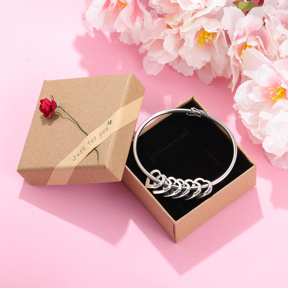 Bangle Bracelet Personalized with 6 Heart Shape Pendant Engraved 6 Names
