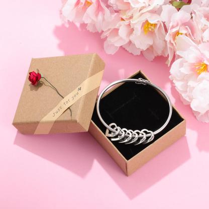 Bangle Bracelet Personalized with 6 Heart Shape Pendant Engraved 6 Names