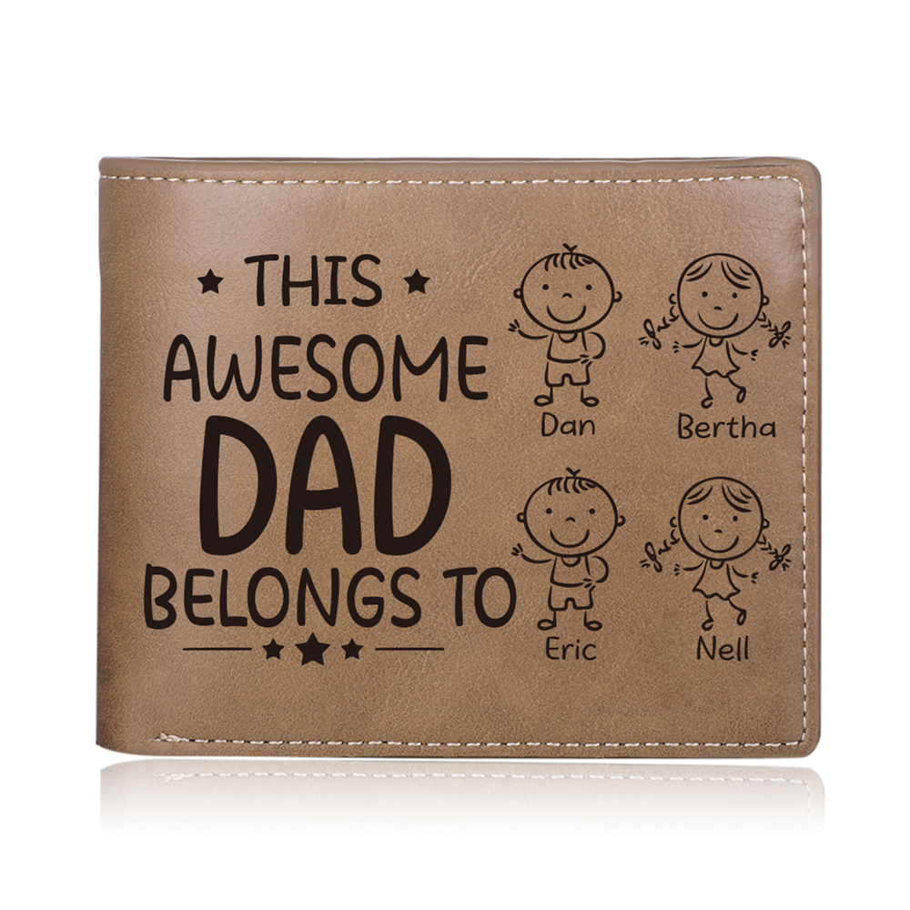 1 Photo & 4 Names Personalized Wallet Handcrafted in the USA-Custom Men's Leather Folding Wallet "This Awesome Dad Belongs To" Father's Day Gifts