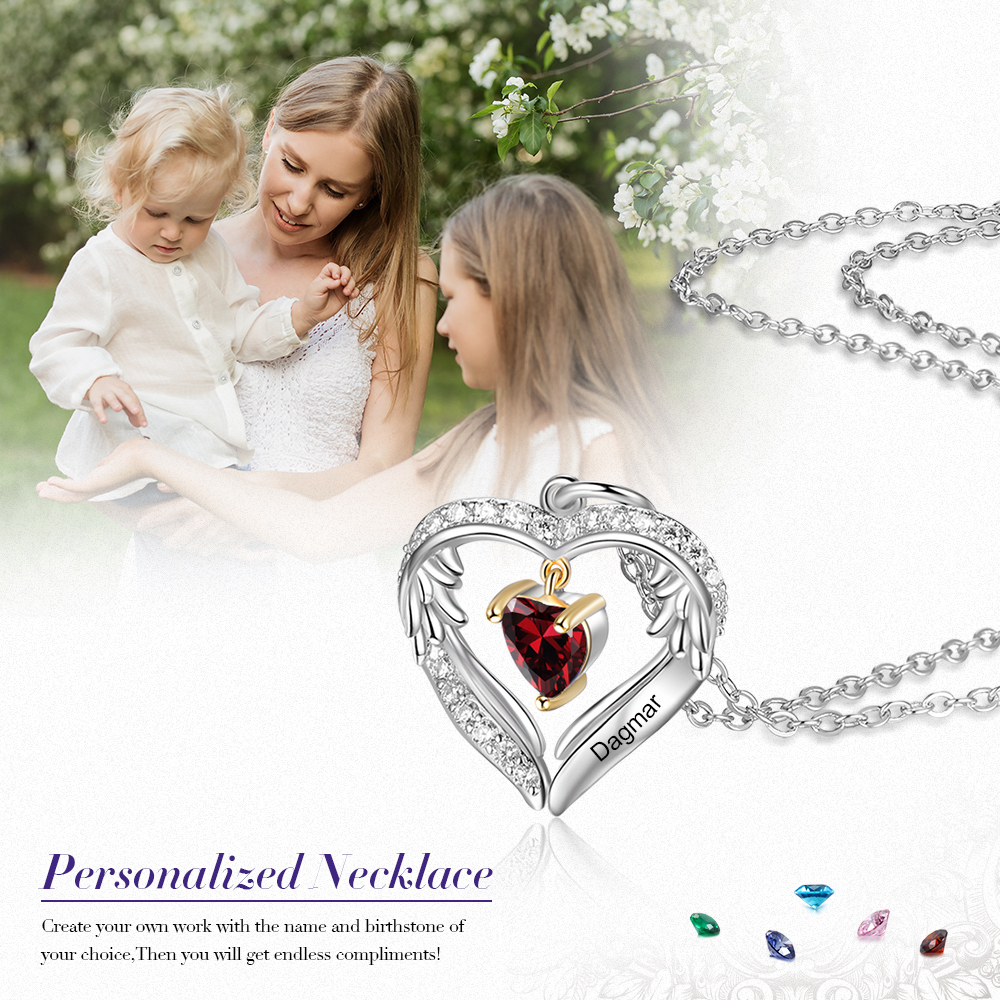 Personalized Diamond Heart Necklace with 1 Birthstone Wings Necklace