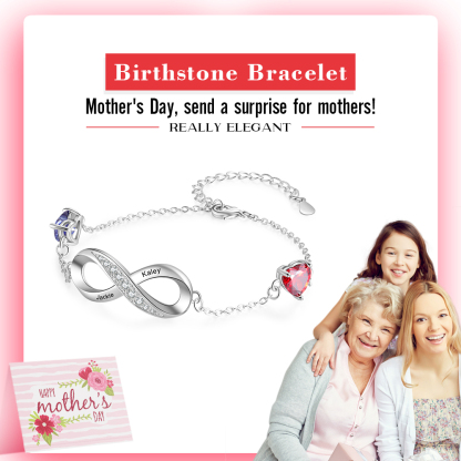 Personalized Infinity Bracelet with 2 Heart Birthstones Bracelet for Mom