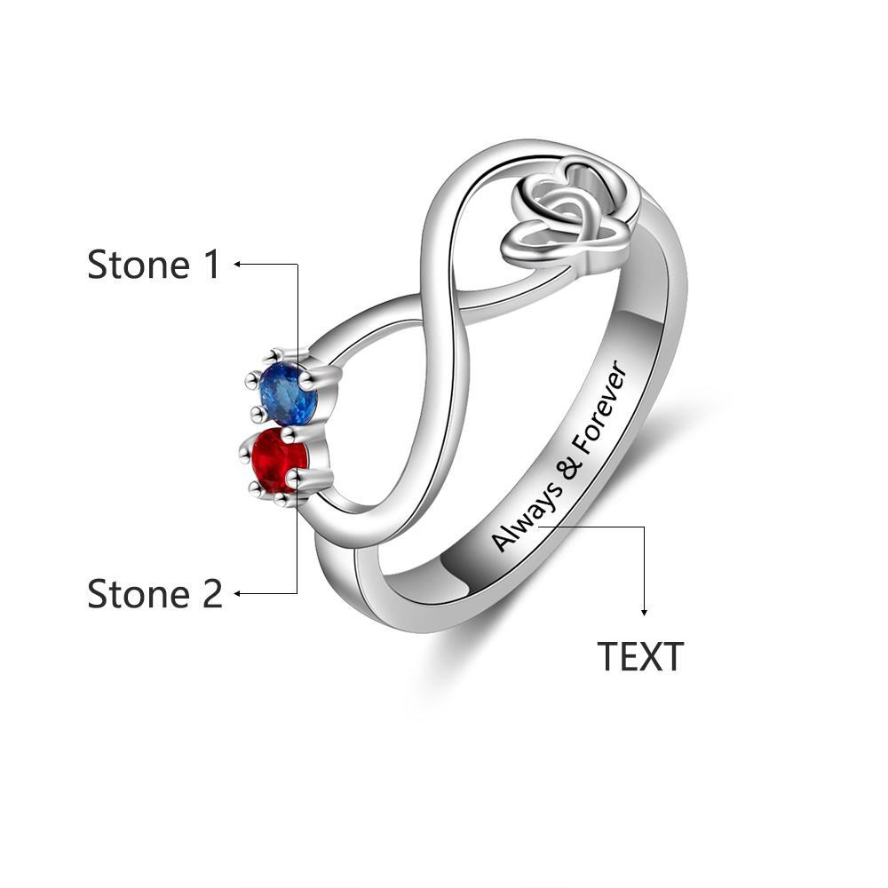 S925 Infinity Ring Double Heart Promise Ring Personalized with 2 Birthstones Engraved Sterling Silver Ring