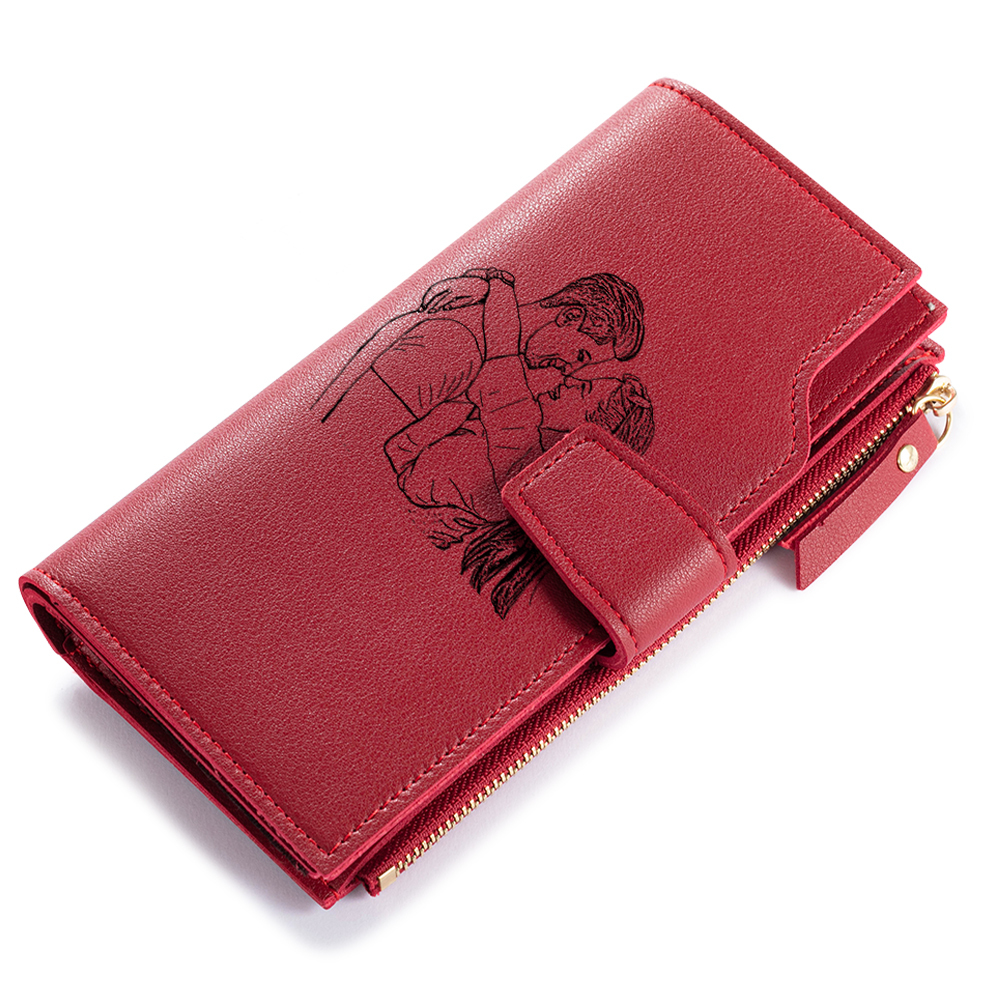 Women Long Style Photo Wallets Custom Inscription Photo Engraved Wallet Red