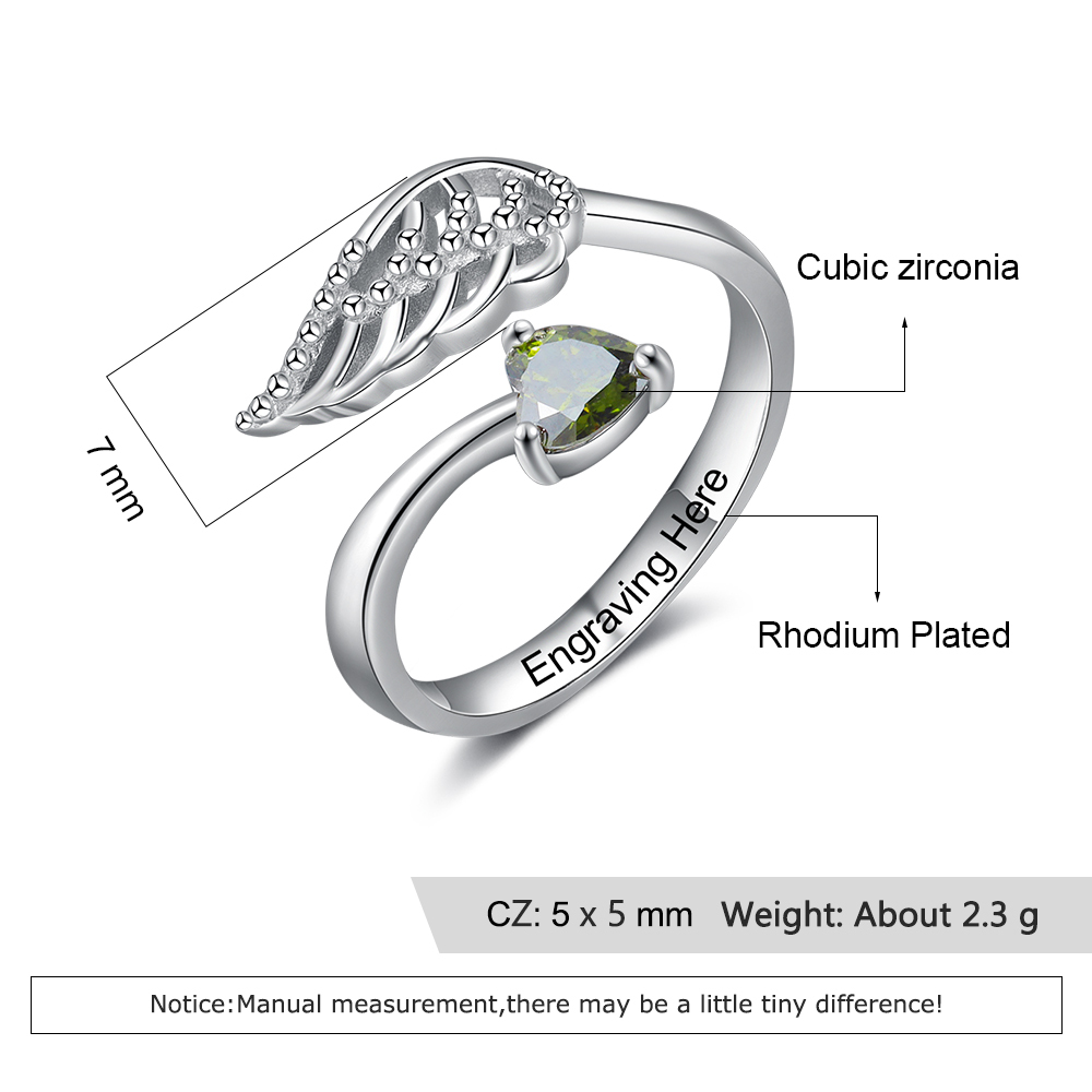 Personalized Angel Wing Ring with 1 Birthstone Open Ring