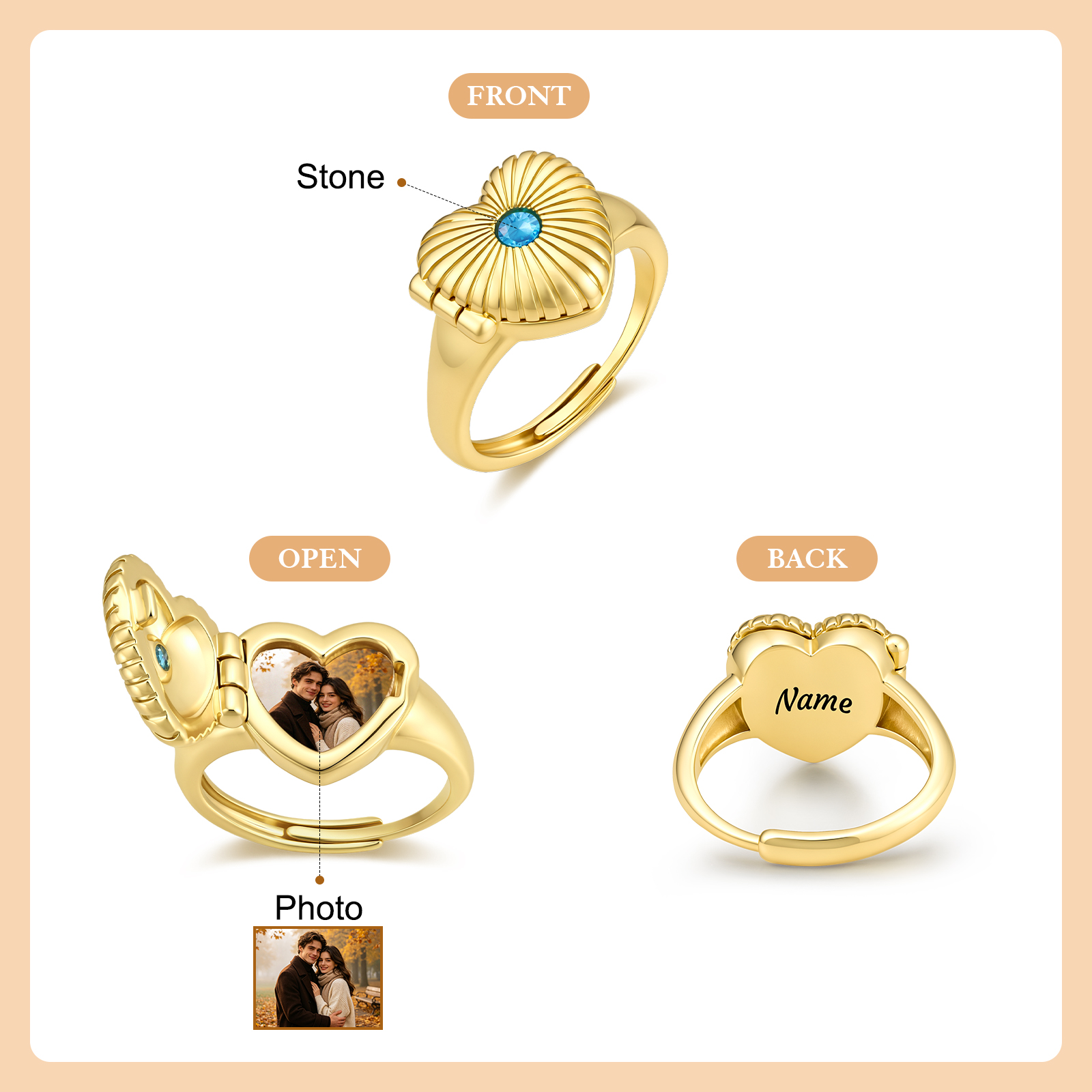 Personalized Adjustable Heart Birthstone Photo Locket Ring for Women