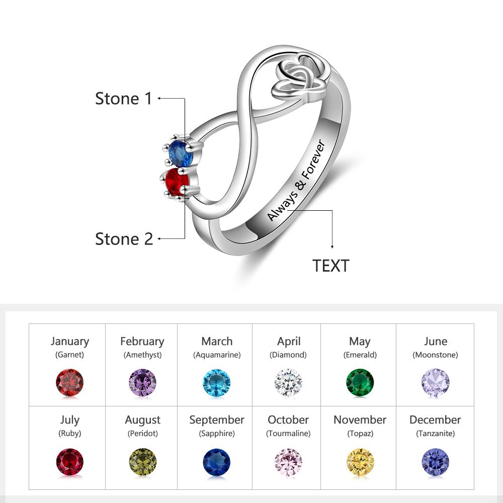 S925 Infinity Ring Double Heart Promise Ring Personalized with 2 Birthstones Engraved Sterling Silver Ring