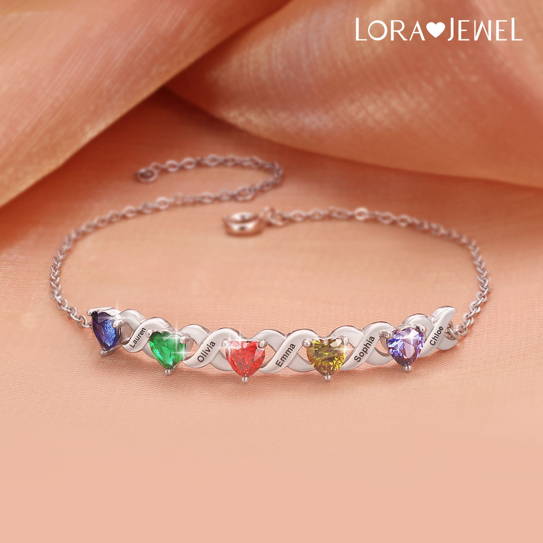 Family Custom Bracelet Heart Personalized with 5 Birthstones