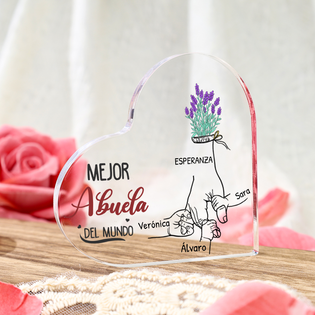 Abuela - Placa de acrílico en forma de corazón manos cogidas 2-7 nombres personalizados