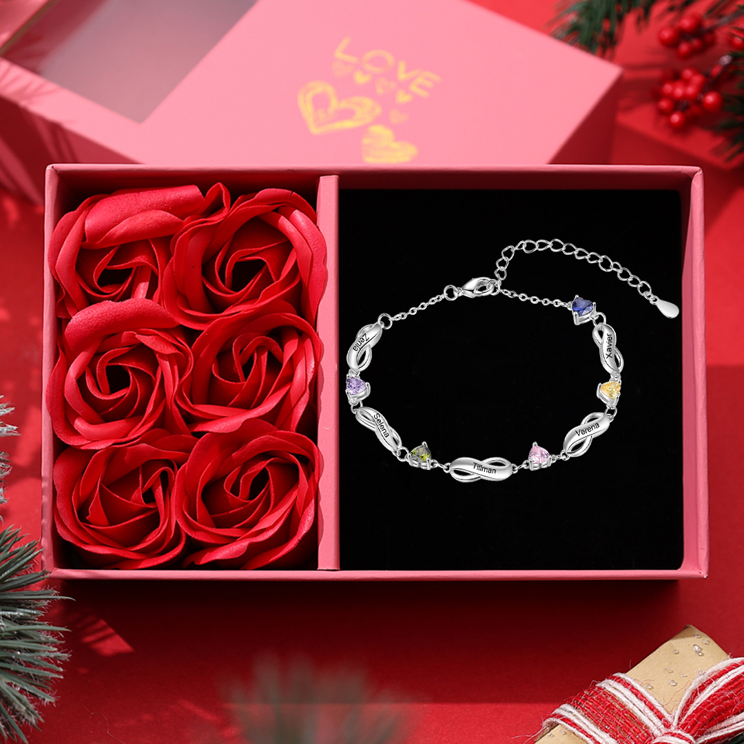 Infinity Bracelet with 5 Heart Shape Birthstones Family Bracelet for Mom