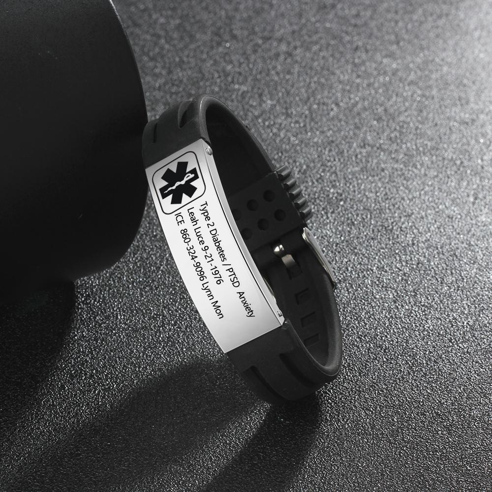 Engraved Medical Alert Bracelet Adjustable Silicone Waterproof Bracelet Women Men Personalized Emergency ID Wristband Multii Color