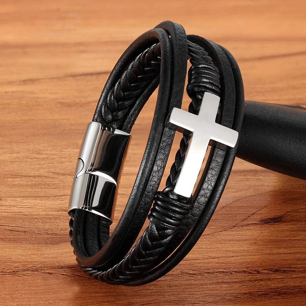 Men Braided Leather Cross Bracelets with Magnetic Clasp Gifts for Him
