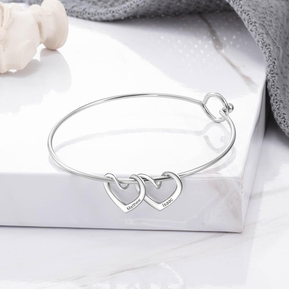 Love Bangle Bracelet with 4 Heart Shape Charms Engraved 4 Names Gift For Mom
