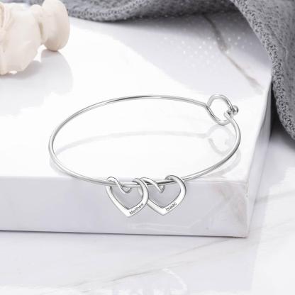 Love Bangle Bracelet with 4 Heart Shape Charms Engraved 4 Names Gift For Mom