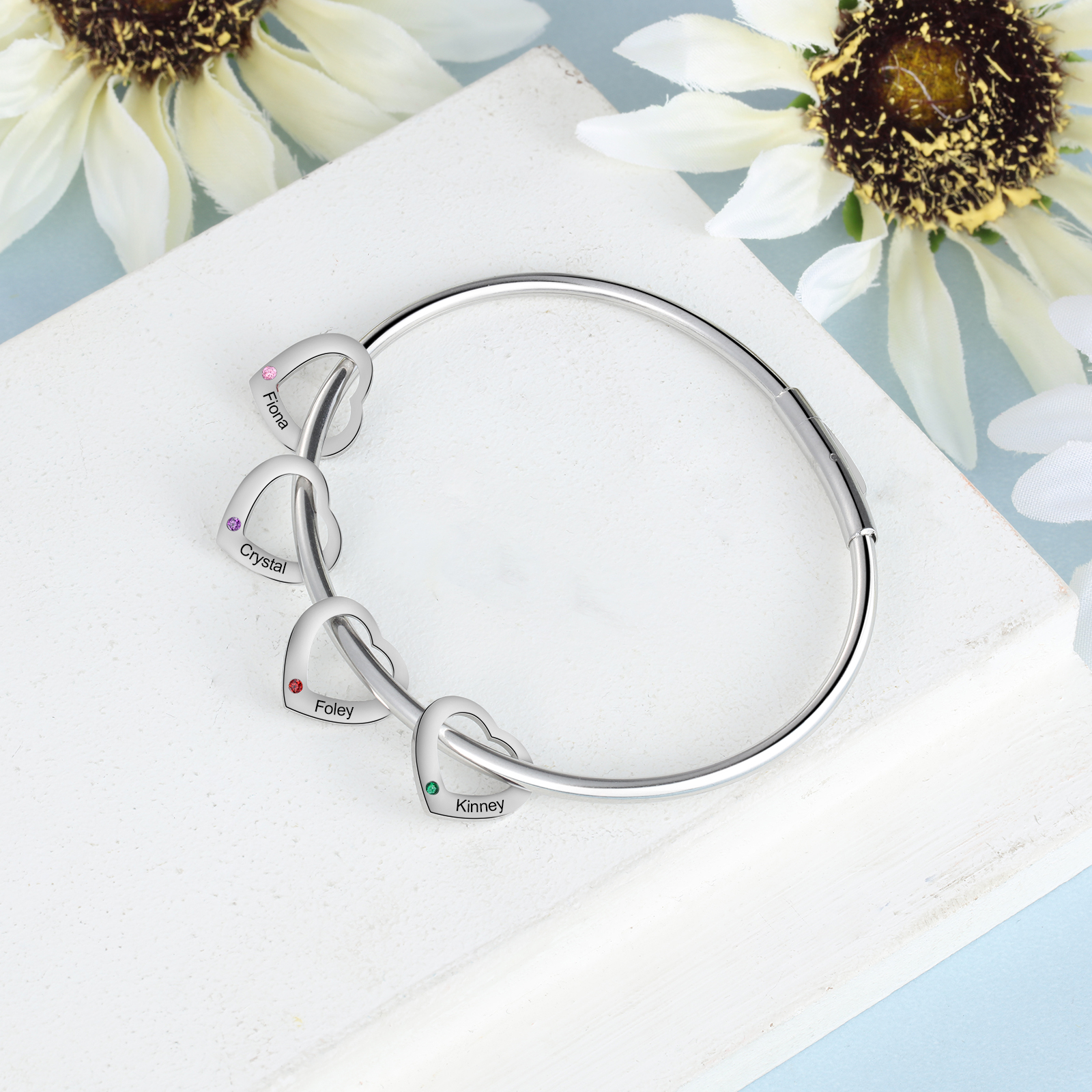 Personalized Heart Charm Bangle Bracelet with 4 Birthstones Engraved Names