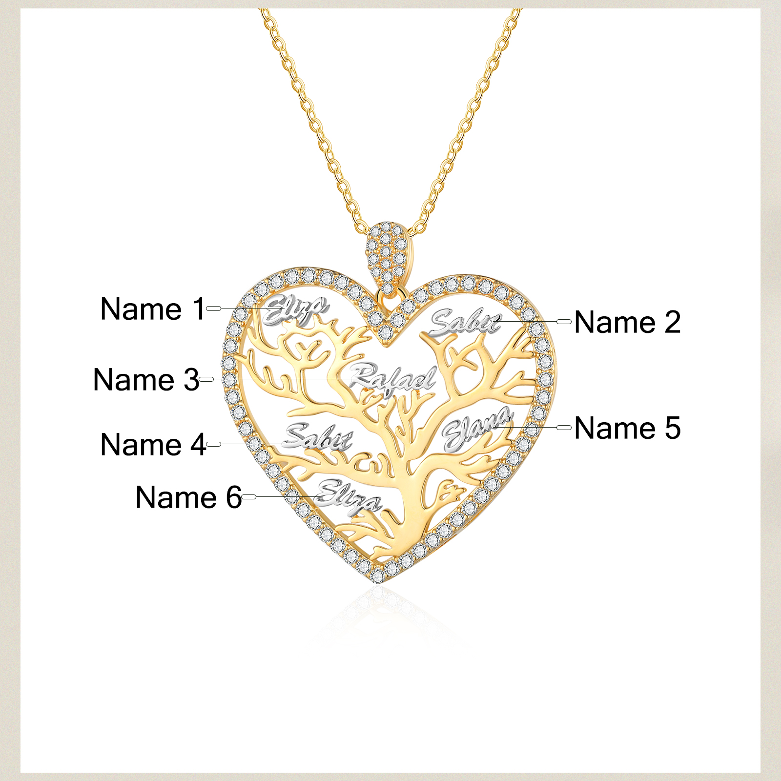 Personalized Family Tree Necklace, Custom 6 Names Heart Necklace Woman Gift For Her