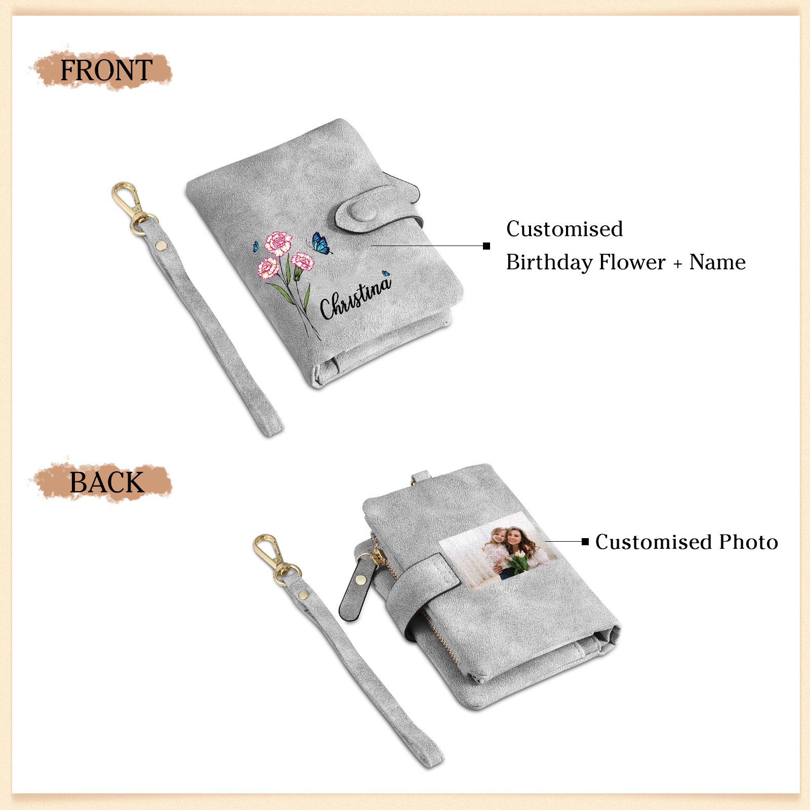 Personalized Women's Leather Wallet Custom Birthday Flower & Name & Photo Wallet Gift for Her