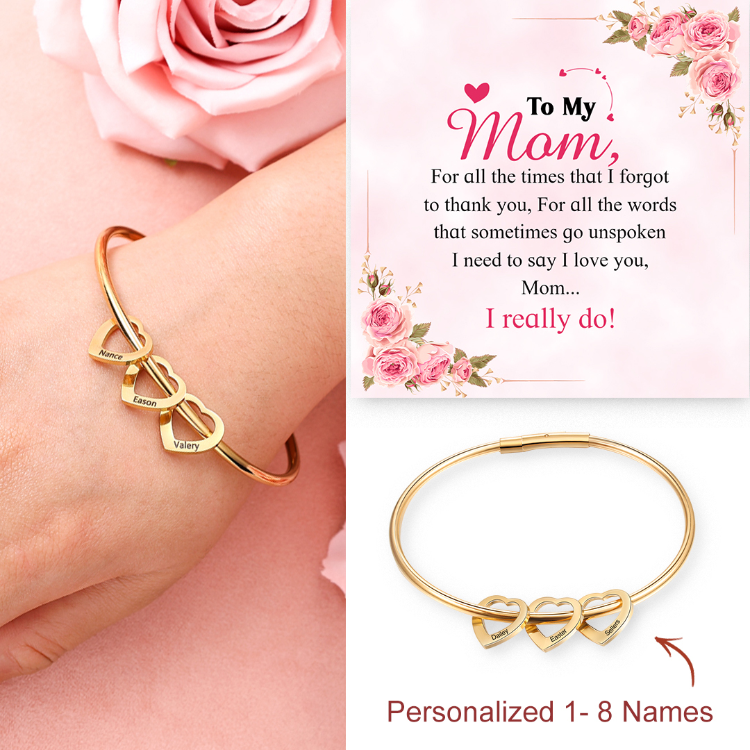 Women Bangle Bracelet with 3 Heart Pendant Engraved 3 Names Love Bracelet