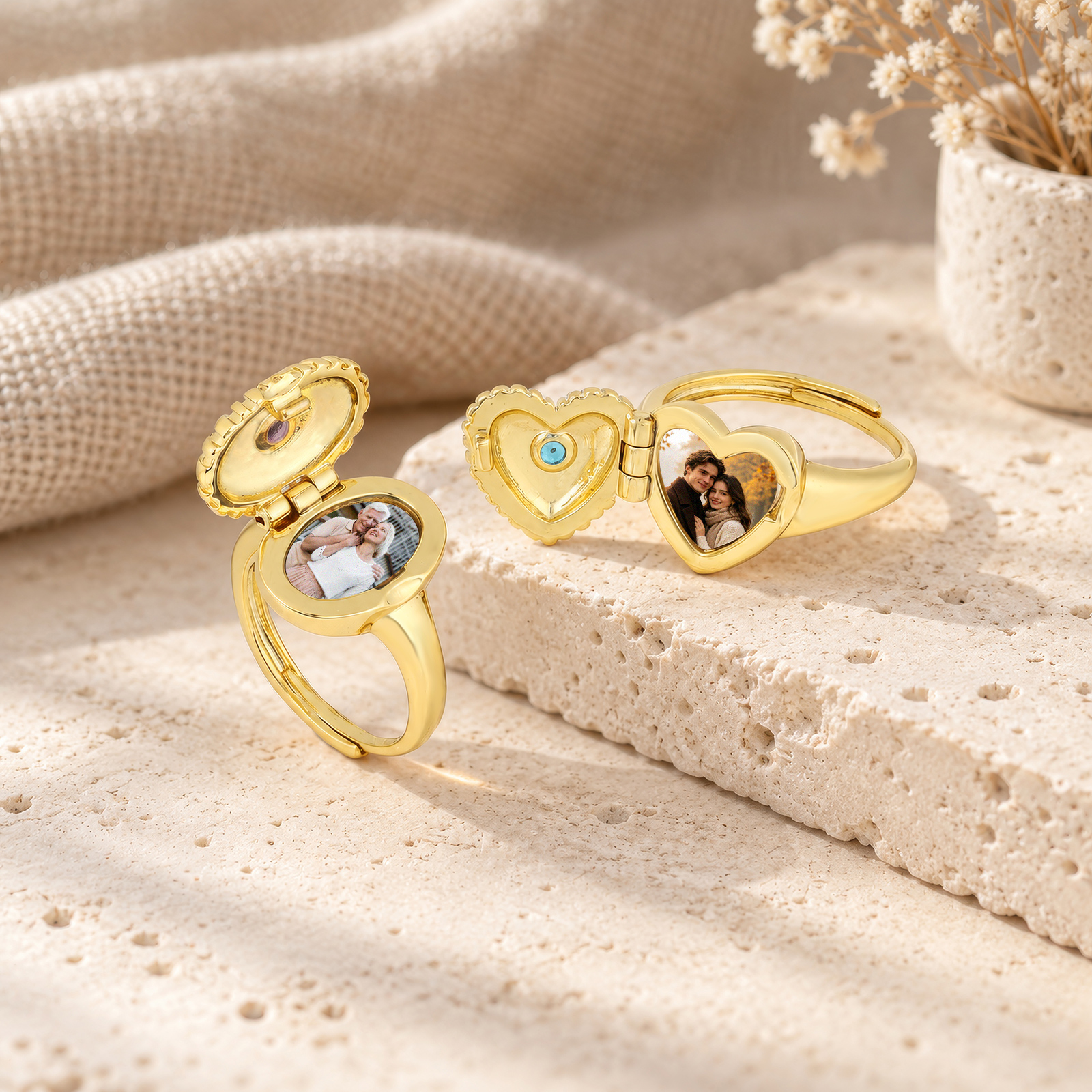 Personalized Adjustable Heart Birthstone Photo Locket Ring for Women