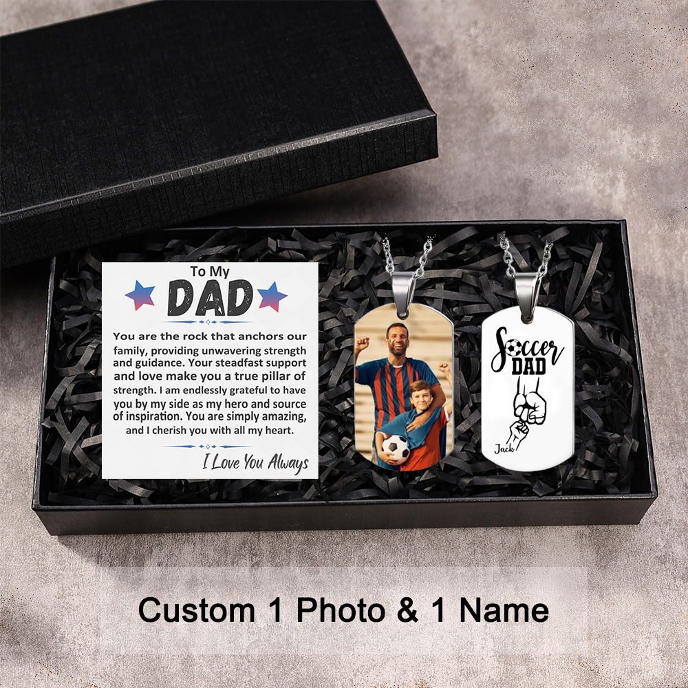 Engraved ‘Soccer Dad’ Necklace – Custom Dog Tag with 1 Photo & 1 Name– Personalized Father’s Day Present for Him | Lorajewel