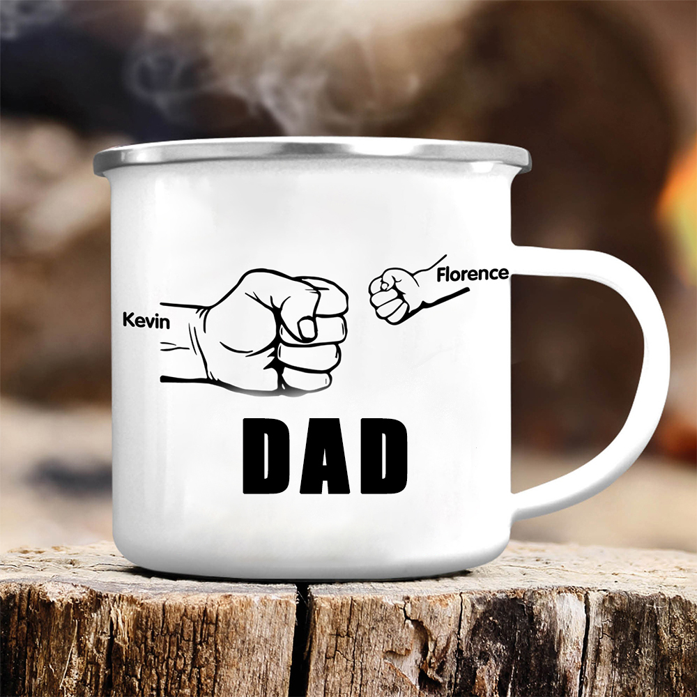 2 Names-Personalized Enamel Mug for Dad – Custom Names Fist Bump Design | Lorajewel