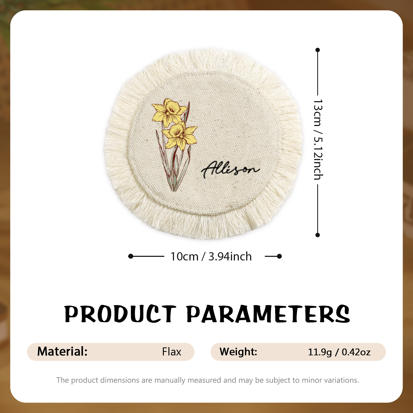 Personalized Floral linen tassel Placemats and 4 Coasters