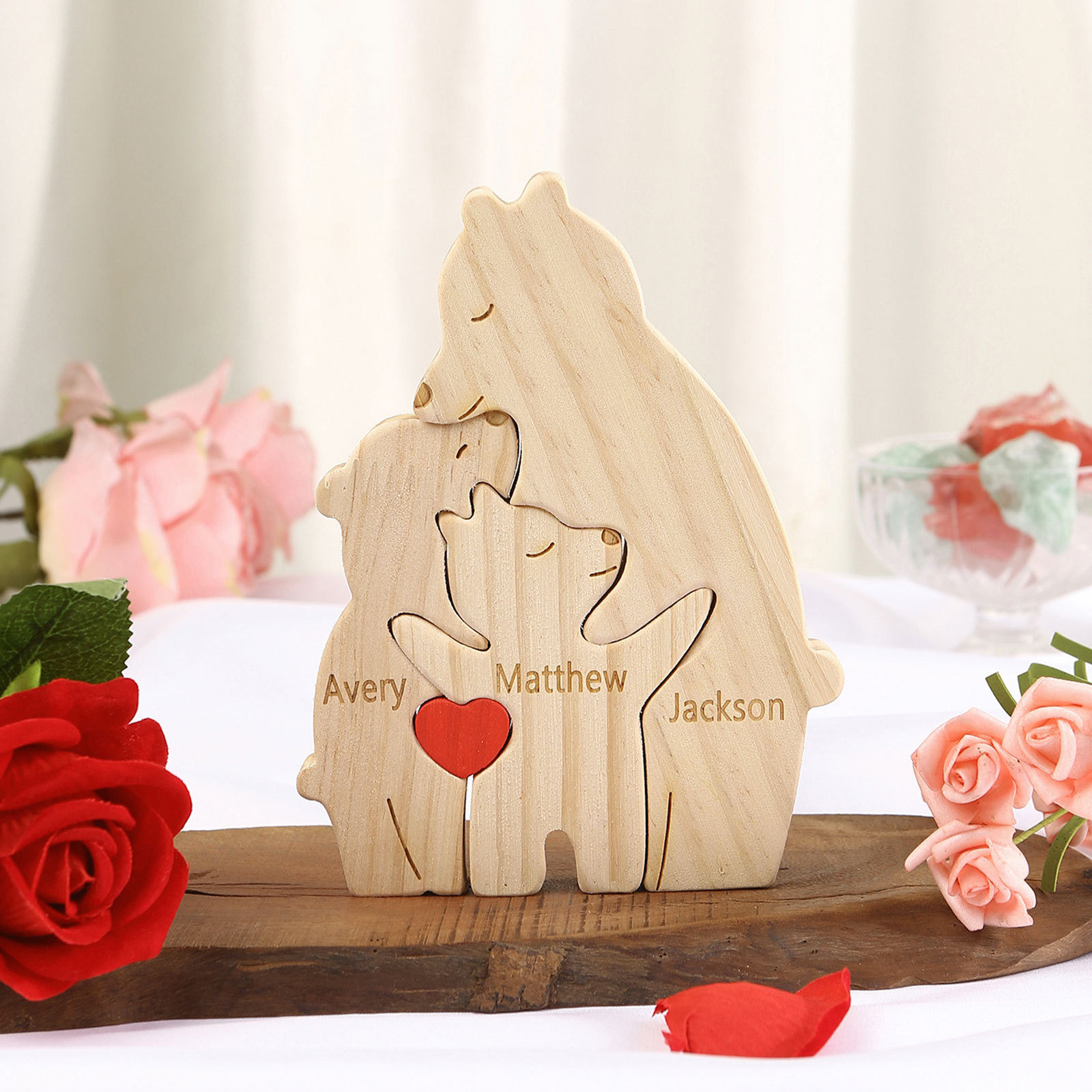 Personalized Name Wooden Bear Family Puzzles Ornament with Heart Custom 3 Names Home Decor Gifts