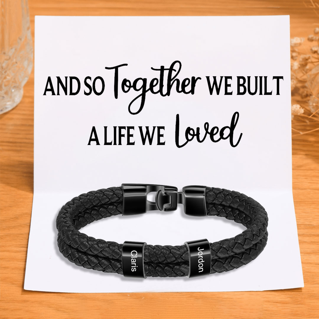 Men Leather Bracelet with Beads Engraved 2 Names Two Layers Bracelet Gifts For Him Valentine Gift