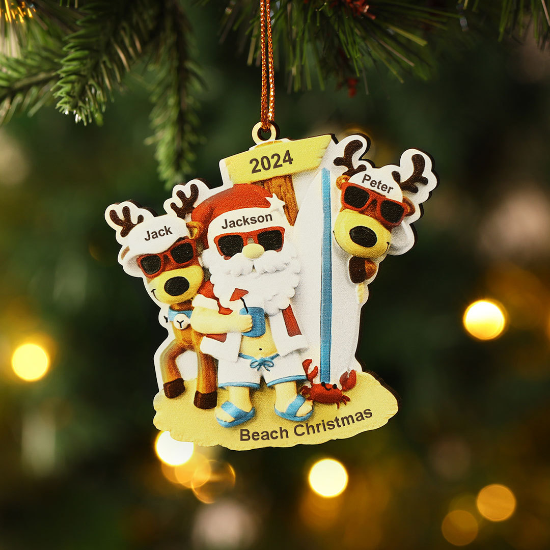 Custom Beach Christmas Ornament with Santa & 2 Reindeer – Personalized 3 Names Year & Text for Family Gifts