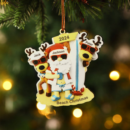 Custom Beach Christmas Ornament with Santa & 2 Reindeer – Personalized 3 Names Year & Text for Family Gifts