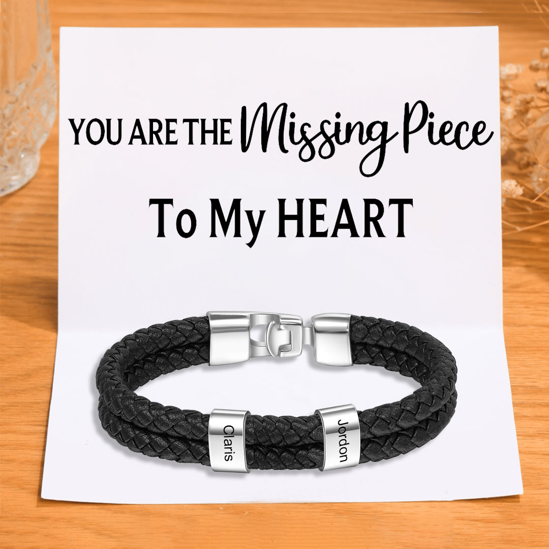 Men Leather Bracelet with Beads Engraved 2 Names Two Layers Bracelet Gifts For Him Valentine Gift