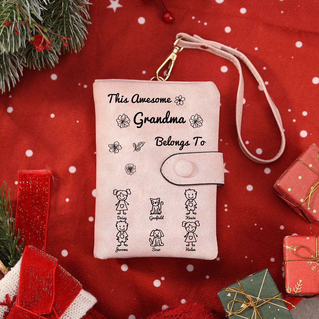 Personalized Women Wallet Custom 1–6 Names & Pattern Leather Wallet Pink Gift for Her "This Awesome Grandma Belongs To"