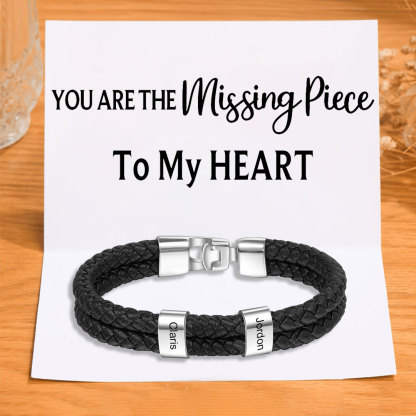 Men Leather Bracelet with Beads Engraved 2 Names Two Layers Bracelet Gifts For Him Valentine Gift