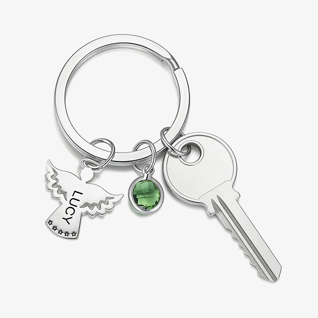 Personalized Guardian Angel Keychain Customized Name & Birthstone Stainless Steel Keyring Special Gift