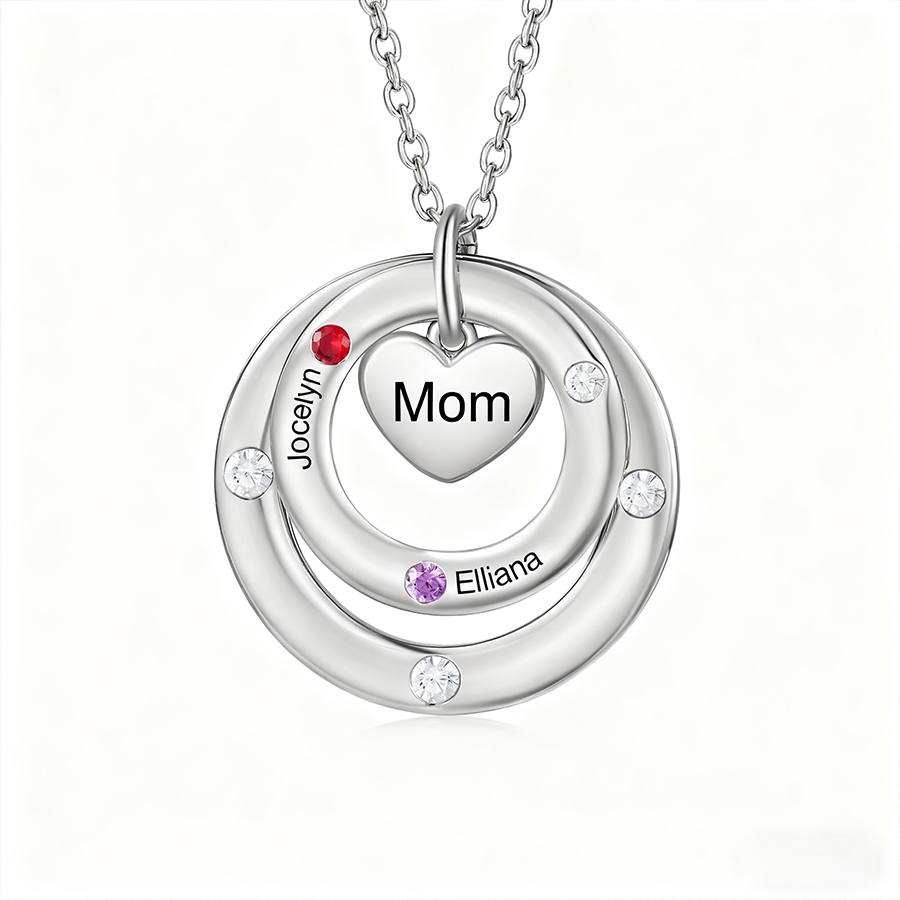 Personalized Women's Birthstone Necklace with 2 Names & 2 Birthstones & 1 Text Design Gift for Her | Lorajewel