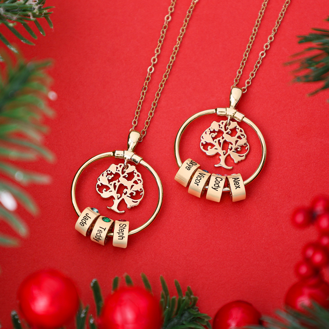 Personalized Family Necklace and Leather Bracelet Set with 2 Birthstones 2 Names Christmas Gift for Loved Ones