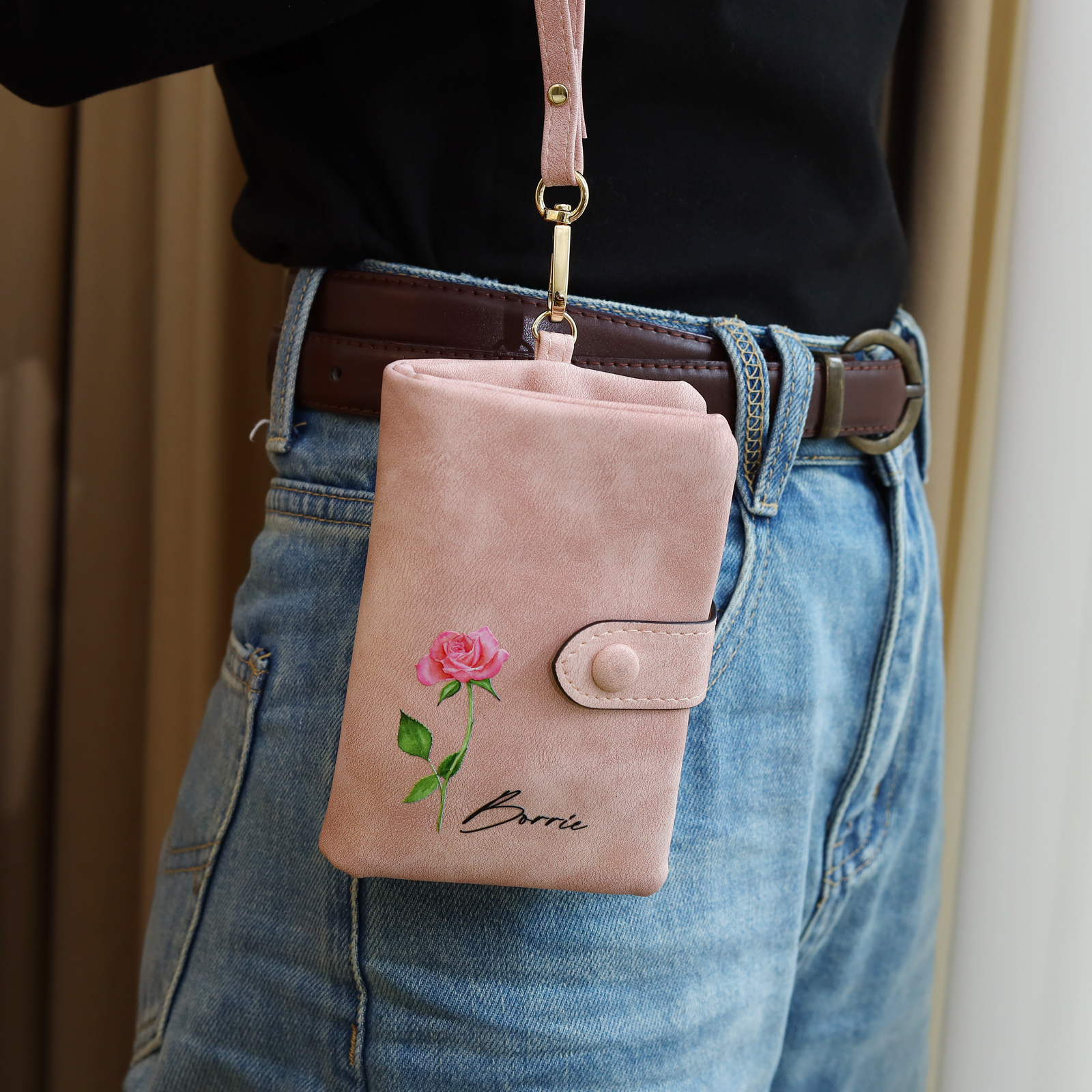 Personalized Women's Leather Wallet Custom 1 Birth Flower & 1 Name Wallet Gift for Her