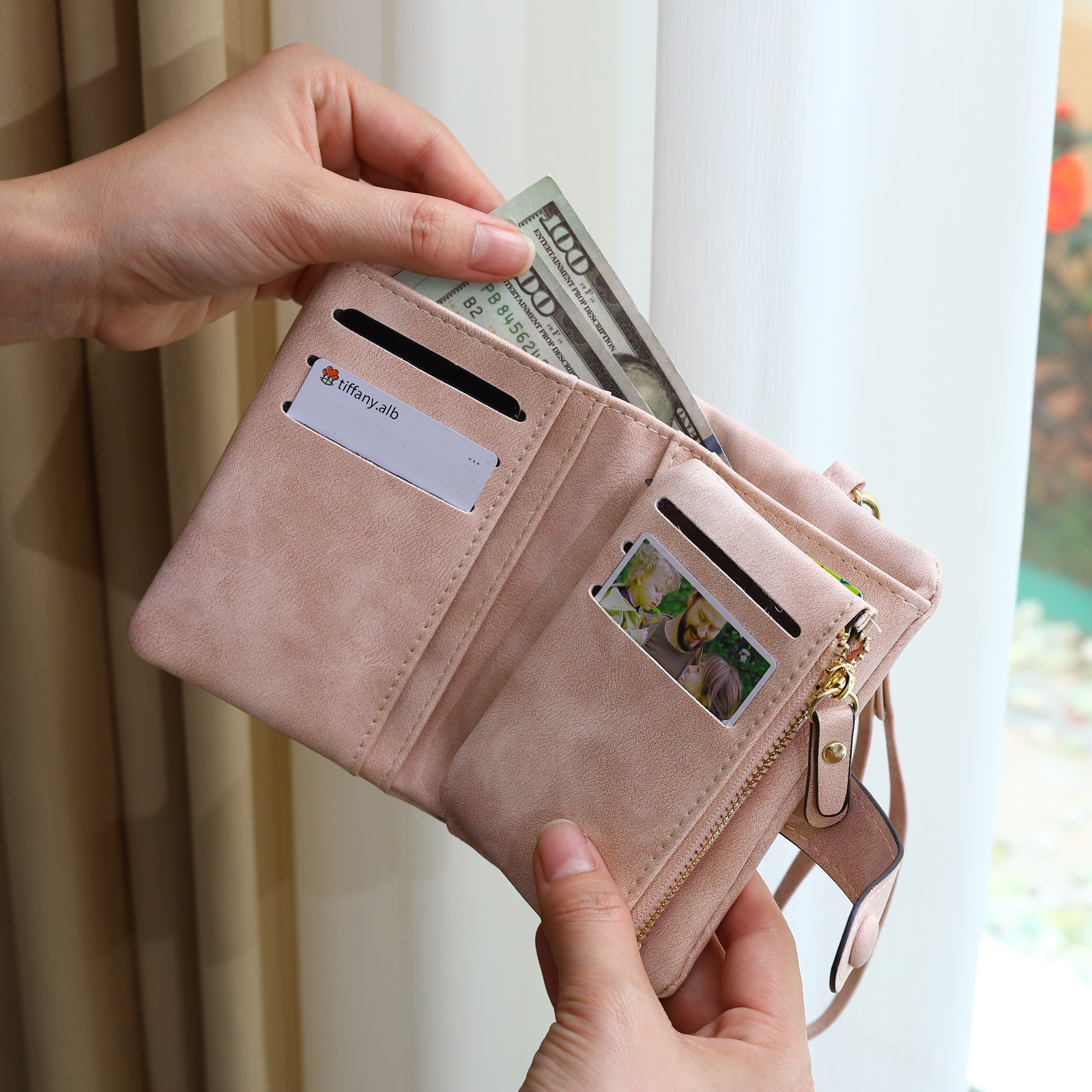 Personalized Women's Leather Wallet Custom 1 Birth Flower & 1 Name Wallet Gift for Her