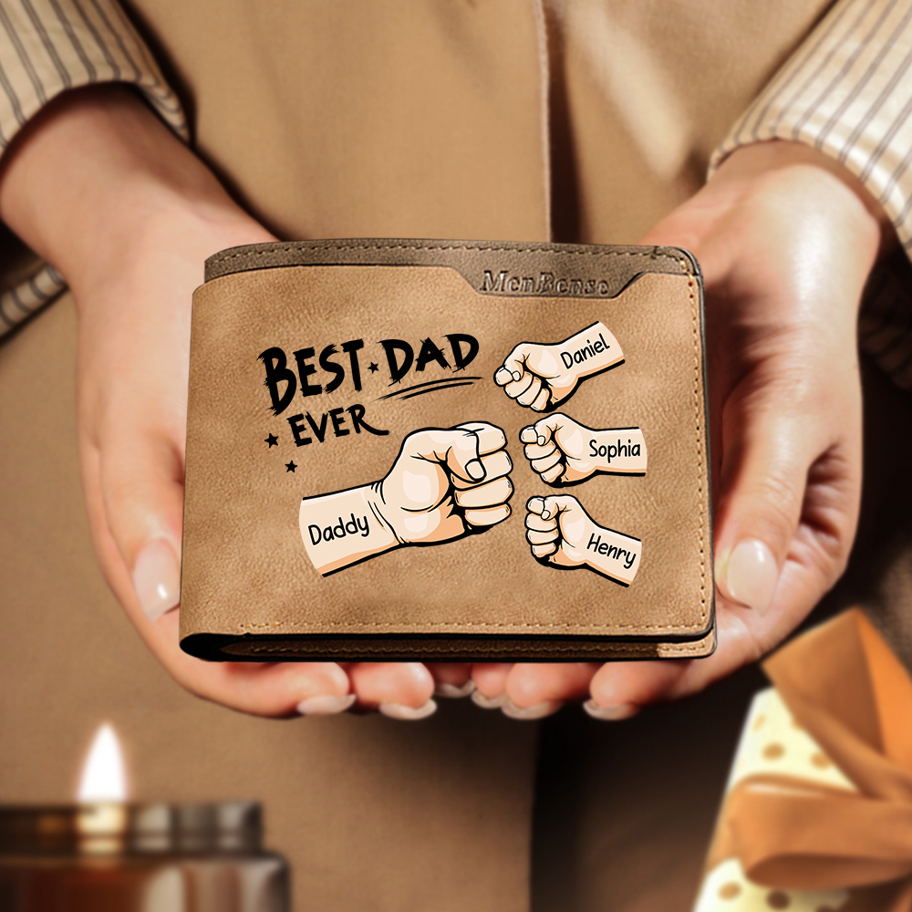 Custom 2-7 Names & 1 Text Billfold Wallet Personalized Fist Bump Men's Leather Wallet for Dad
