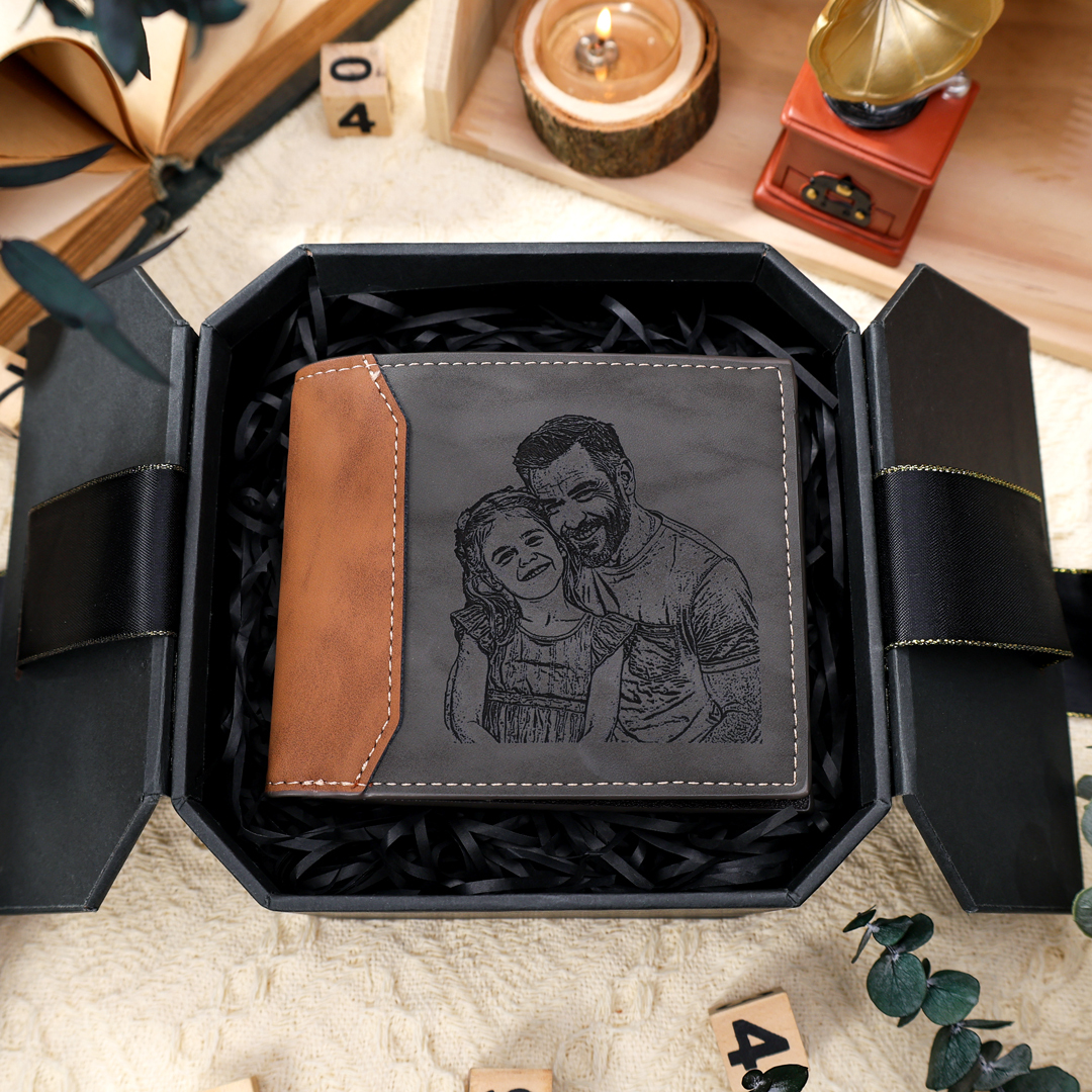 Men Photo Wallet Personalized Monogram Wallet Gray Gift for Grandpa