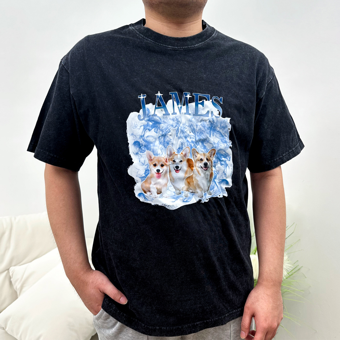 Personalized 1 Name & 2 Photos T-Shirt Custom Pet Short Sleeve Gifts for Him