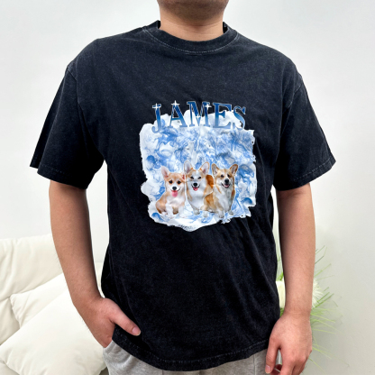 Personalized 1 Name & 2 Photos T-Shirt Custom Pet Short Sleeve Gifts for Him