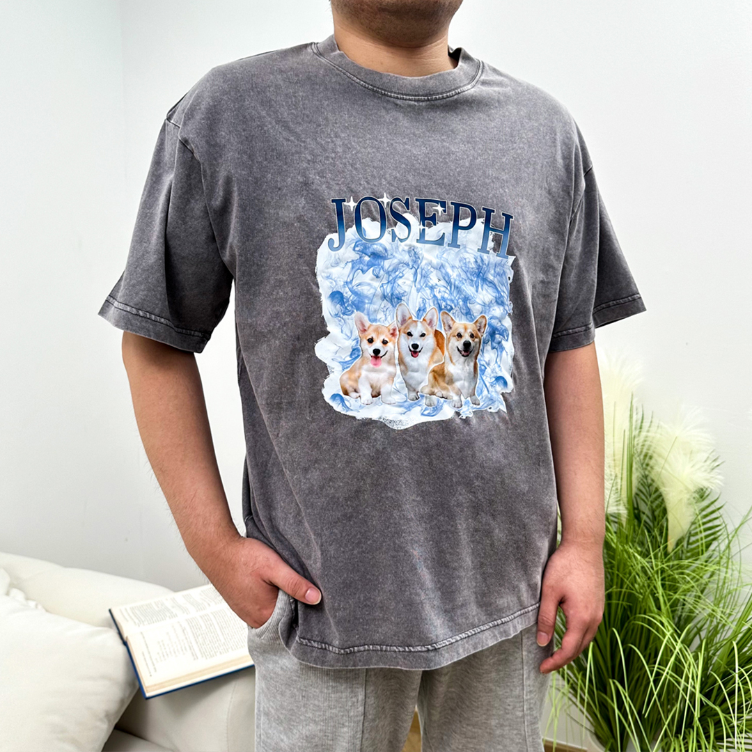 Personalized 1 Name & 2 Photos T-Shirt Custom Pet Short Sleeve Gifts for Him