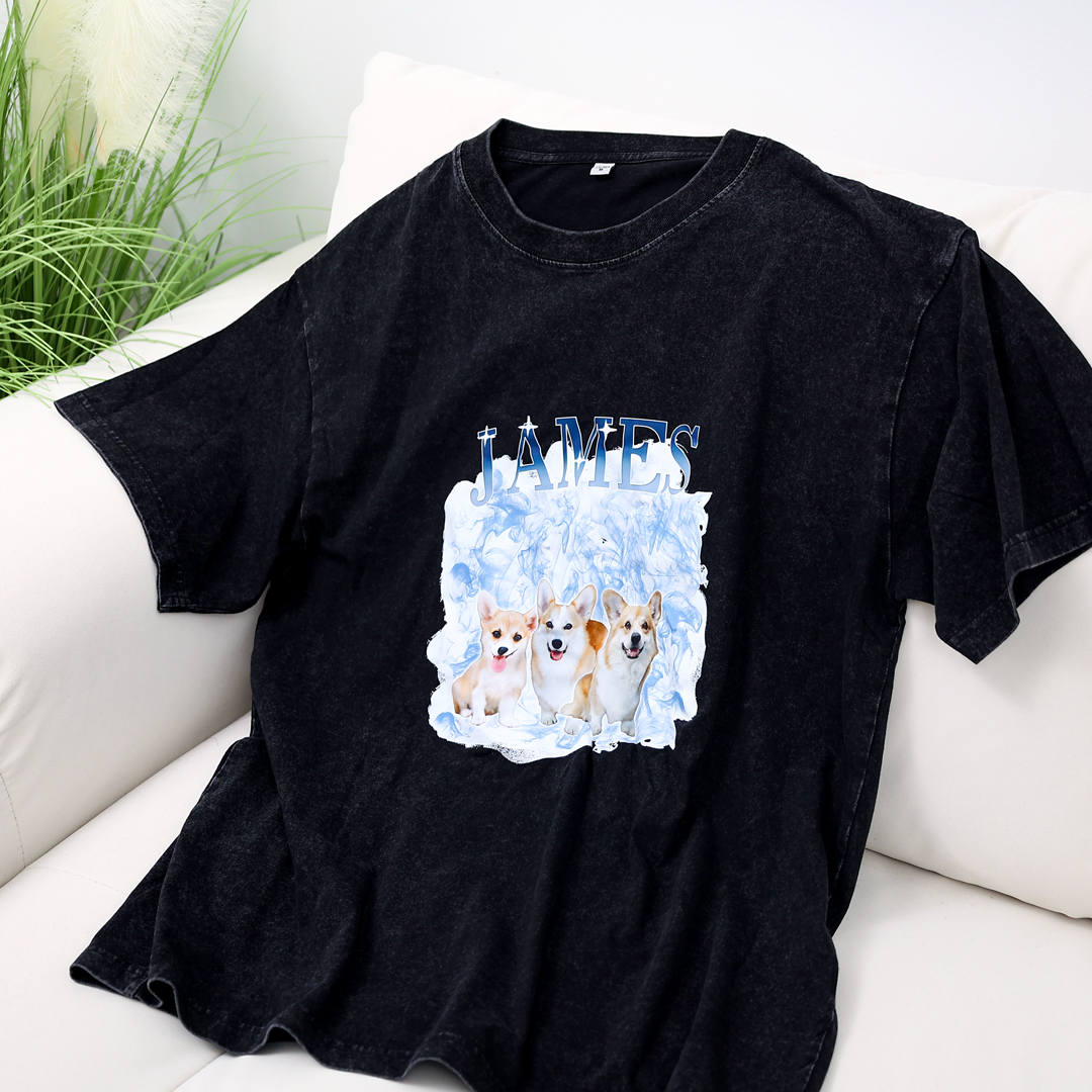 Personalized 1 Name & 2 Photos T-Shirt Custom Pet Short Sleeve Gifts for Him