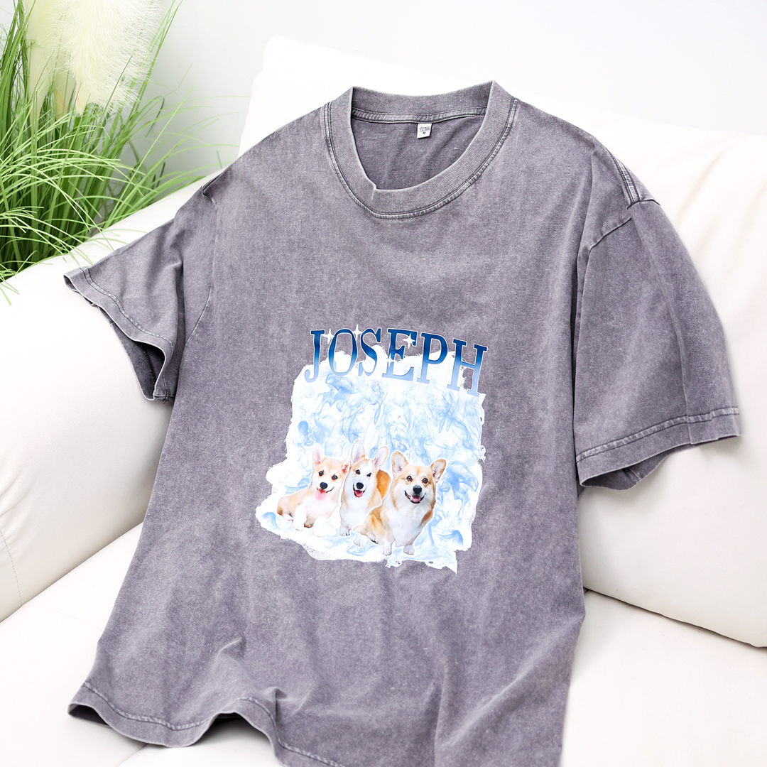 Personalized 1 Name & 2 Photos T-Shirt Custom Pet Short Sleeve Gifts for Him