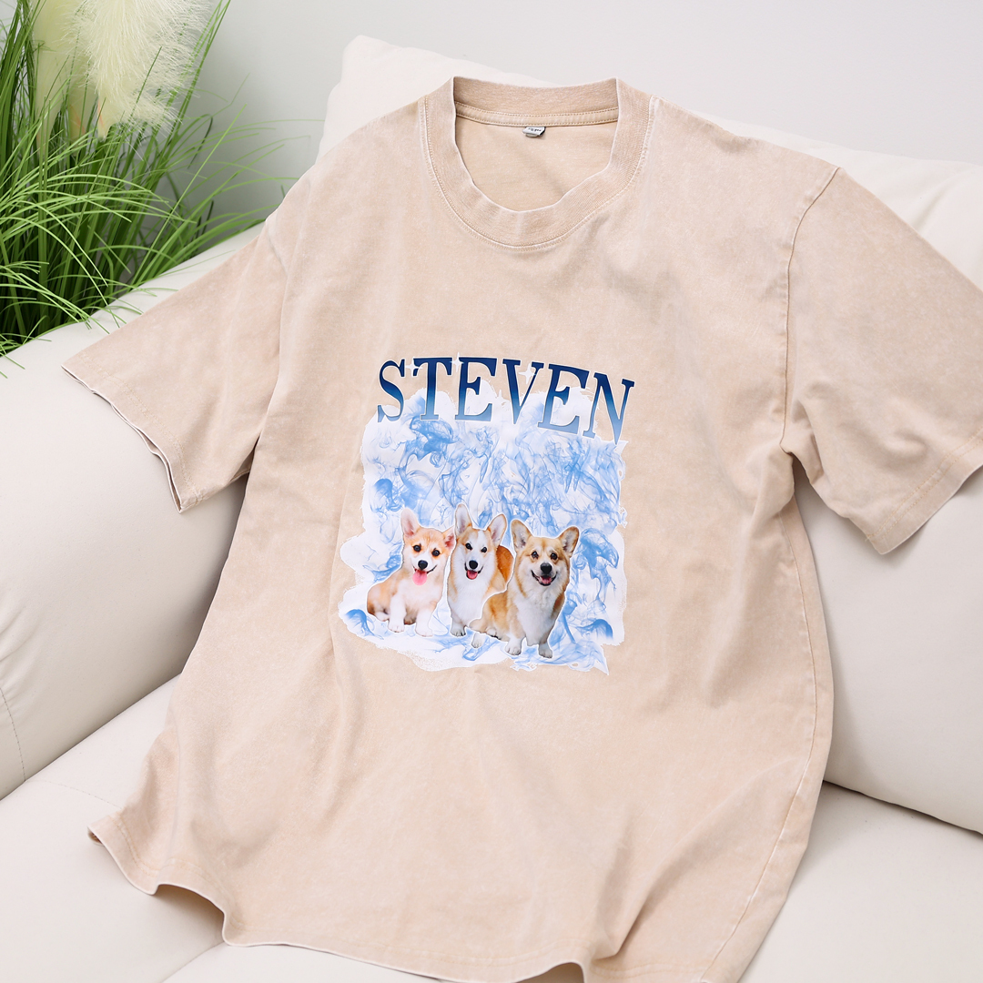 Personalized 1 Name & 2 Photos T-Shirt Custom Pet Short Sleeve Gifts for Him